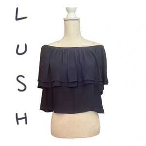 LUSH-Navy Blue Off The‎ Shoulder Ruffled Crop Top
